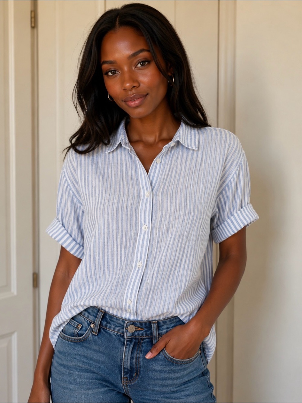 Ralph Lauren Blue and White Striped Linen Short-Sleeve Button-Down Shirt